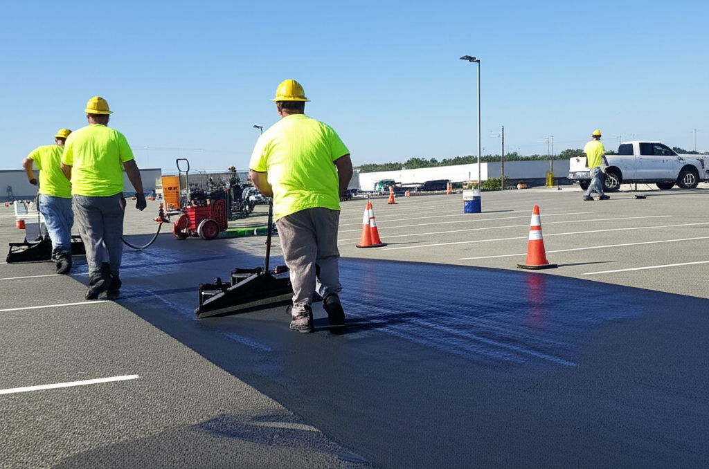 Professional sealcoating application in progress on commercial parking lot