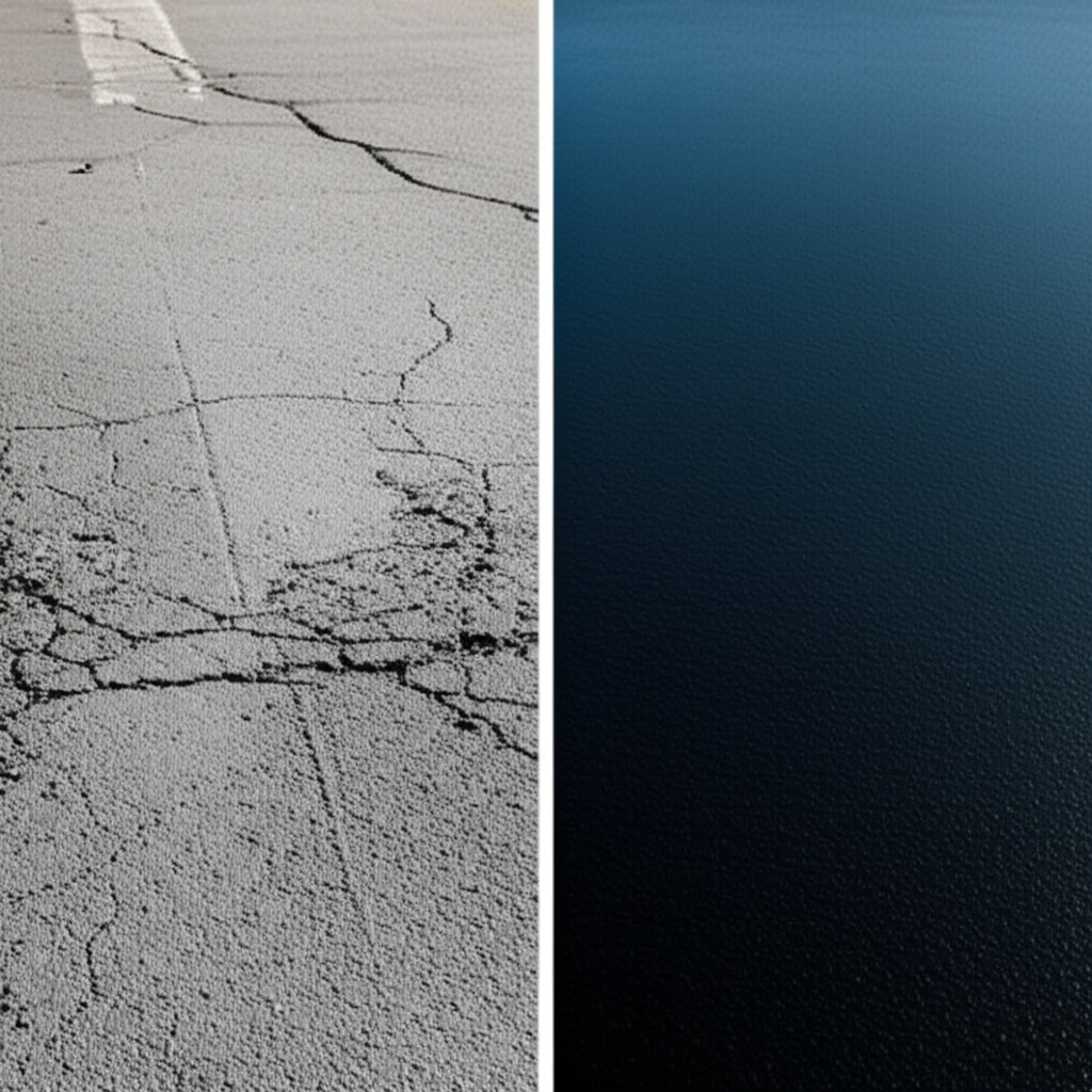Before and after sealcoating results showing dramatic improvement